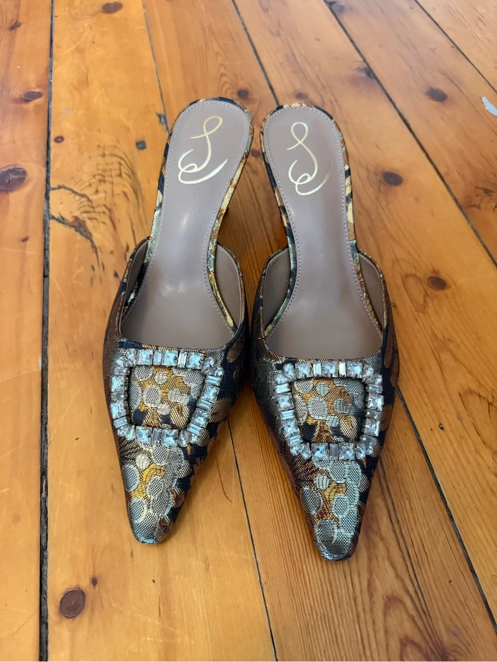 Sam Edelman Brit Jewel Mules in a Bronze Brocade
